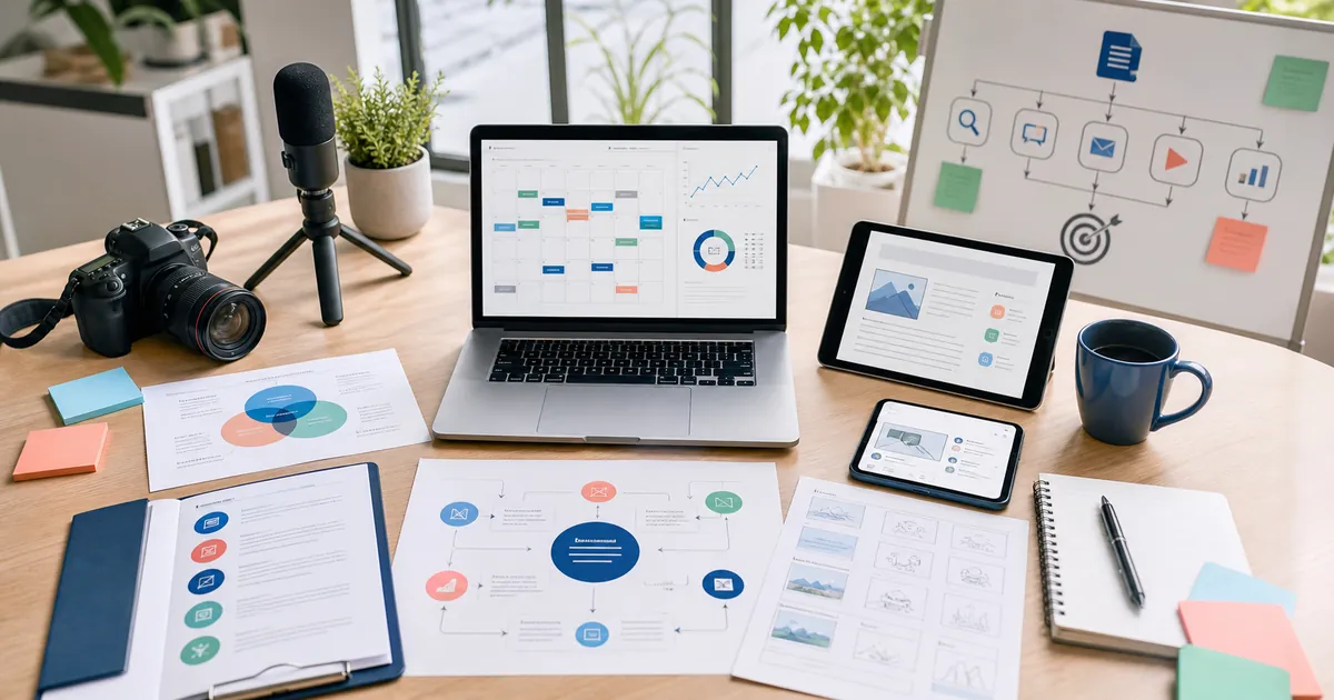 Agencia de marketing de contenidos planificando artículos SEO, redes sociales, video y analítica