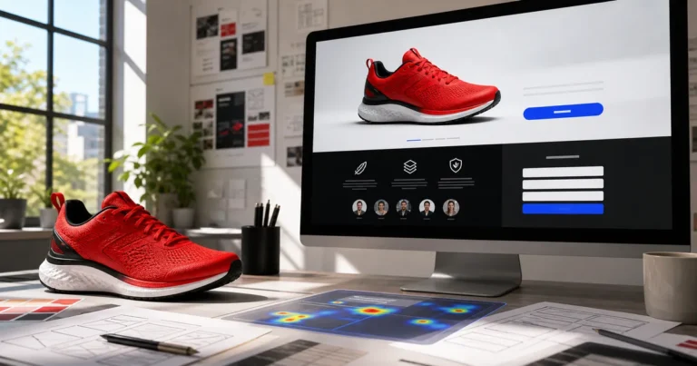 Landing page de producto con propuesta, beneficios, prueba social, formulario y mapa de calor