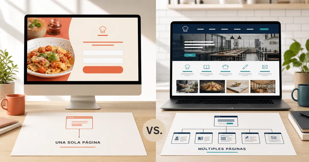 Comparación visual entre una landing page de una sola oferta y una página web con múltiples secciones