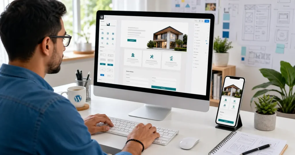 Diseñador creando una página web en WordPress con editor visual y versión móvil